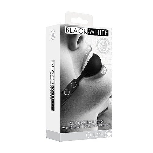 B&W SILICONE BALL GAG W/ ADJUSTABLE LEATHER STRAPS - SHTOU676BLK