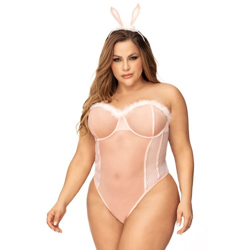 Sexy bunny costume. Includes strapless underwire bodysuit with feather detail on neckline,