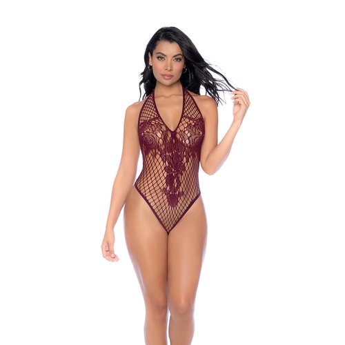 A versatile fishnet bodysuit that can be styled with either a halter or crossed