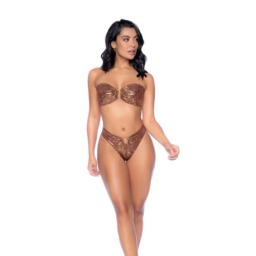 Radiate in this bandeau two-piece, featuring a striking gold snake print and highlighted w