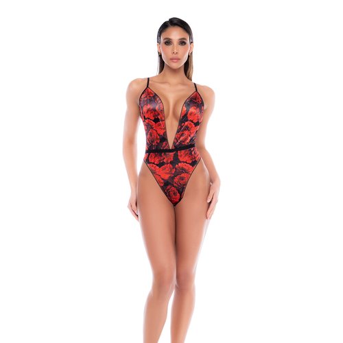 Sheer mesh and printed teddy with a plunging neckline and adjustable straps. Bold and eye-