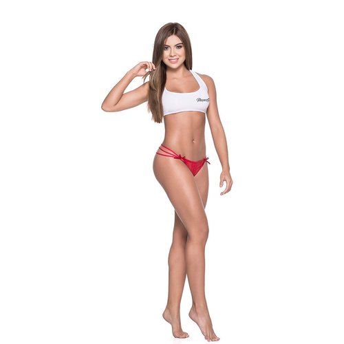 Package: Box Strappy mesh panty with lace trim and criss cross back