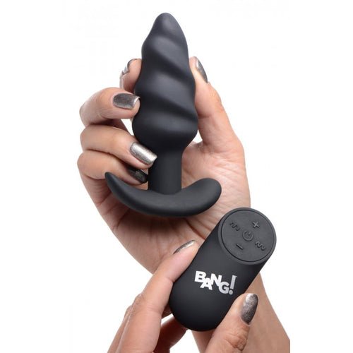 BANG! 21X VIBRATING SILICONE SWIRL BUTT PLUG W/ REMOTE BLACK - XRAG564BLK