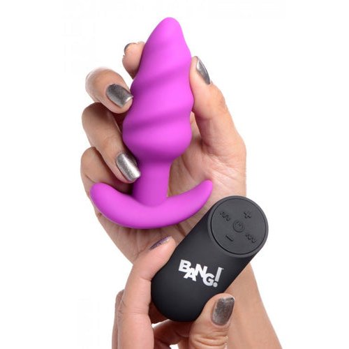 BANG! 21X VIBRATING SILICONE SWIRL BUTT PLUG W/ REMOTE PURPLE - XRAG564PUR