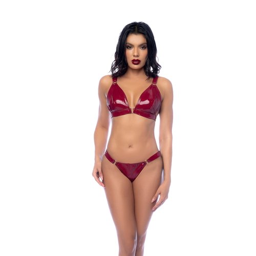 Two-piece vinyl set in an iconic color. Includes bralette with ring details and
