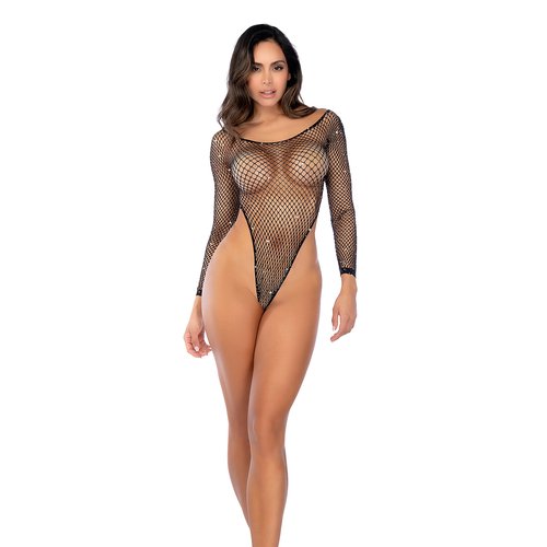 Make a bold statement in this long sleeve fishnet bodysuit, embellished with daz