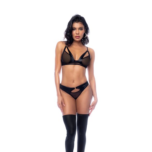 Two-piece set in sheer mesh and wet look fabric. Includes top with semi-open cup