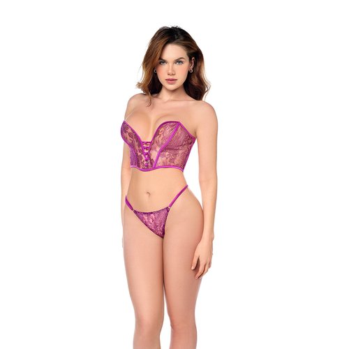 A luxurious and bold two-piece set in jewel-toned lace with soft satin details. Features a