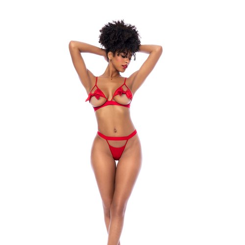You will be the sexiest gift of the season in this two-piece set. Featuring top with open