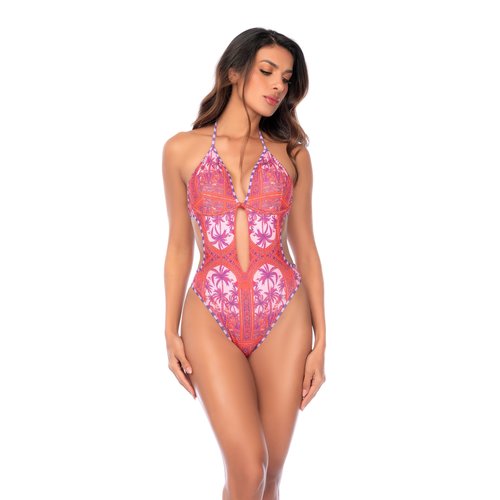 One-piece swimsuit with a plunging halter neckline, front cutout detailing, and sculpting