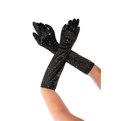 Add a touch of drama with these satin opera gloves, adorned with sparkling rhine