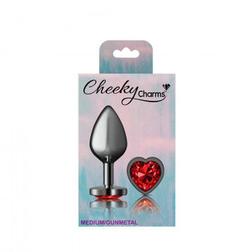 CHEEKY CHARMS HEART DEEP RED MEDIUM GUNMETAL BUTT PLUG - VBCC9136