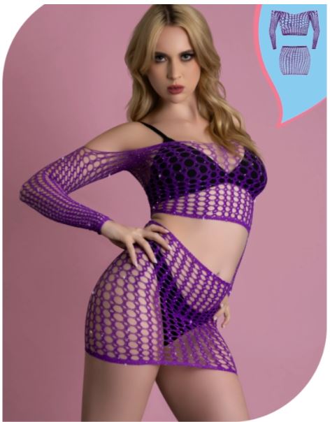 LOVE RHINESTONE CRYSTAL OFF SHOULDER CROP TOP & SKIRT VIOLET
