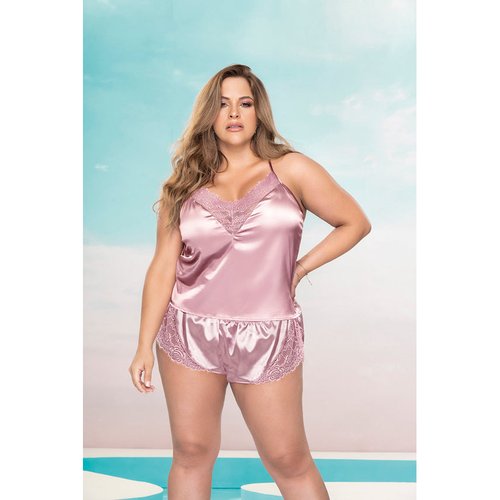 Enjoy the romanticism and comfort of this satin set with lace details, stretchy pleated wa