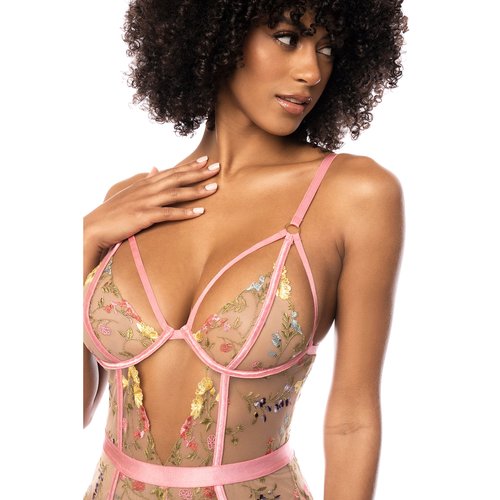 You will look like a rose garden dream in this delicate embroidered lace bodysuit with pin