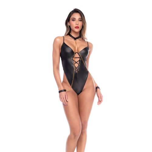 Teddy with lace-up front detail, halter neckline, and chain accents. Bold and ed