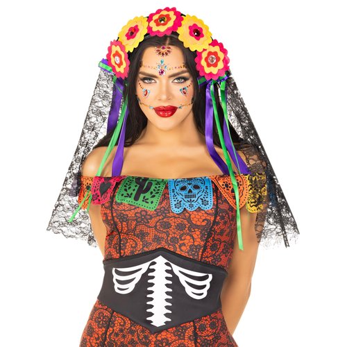 Day of the Dead Flower Headpiece with Lace Veil - A2726     10122