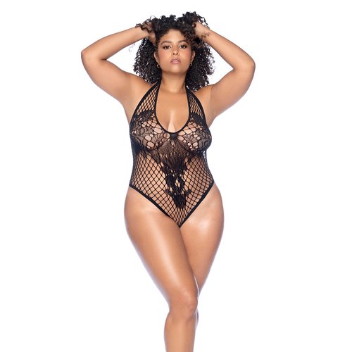 A versatile fishnet bodysuit that can be styled with either a halter or crossed neckline.