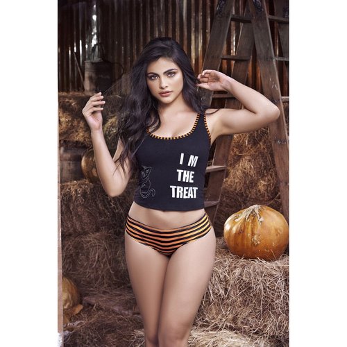 A sweet yet naughty look for a Halloween night at home, this fitted cotton top with stripe