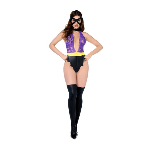 Sexy Dark Desire Bat costume includes a lace bodysuit with contrasting faux leather detail
