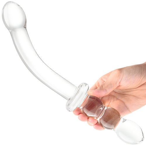 GLAS 12IN GIRTHY RIBBED G-SPOT GLASS DILDO W/ HANDLE GRIP - ELGLAS512