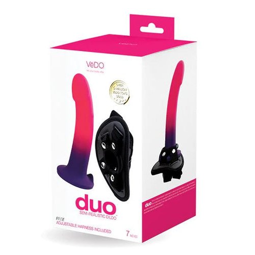 DUO SILICONE DILDO (NON VIBRATING) WITH HARNESS PINK/PURPLE - VIA0209