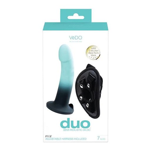 DUO SILICONE DILDO (NON VIBRATING) WITH HARNESS TURQUOISE/BLACK - VIA0201