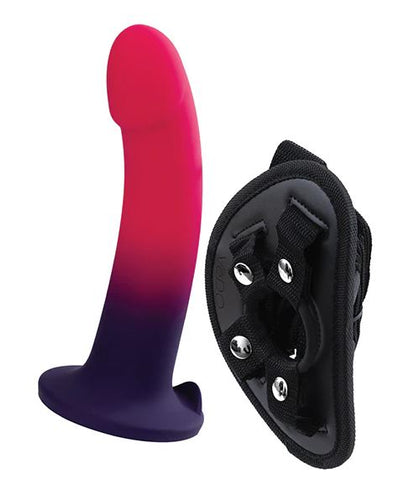 DUO SILICONE DILDO (NON VIBRATING) WITH HARNESS PINK/PURPLE - VIA0209
