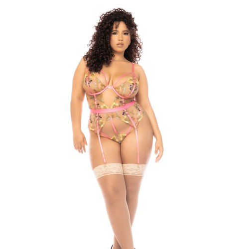 Three-piece lace set features a bra, thong and garter belt. Garter and thong feature sexy