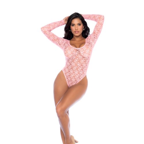 This long-sleeved bodysuit exudes romance and charm, crafted from floral lace and featurin