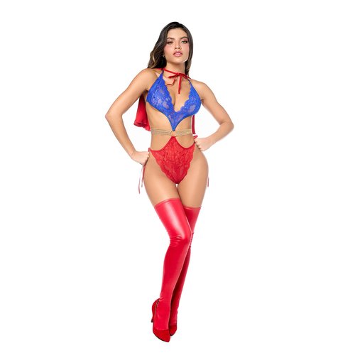 Show off your power curves in this sexy Super Girl costume. Features a halter lace bodysui