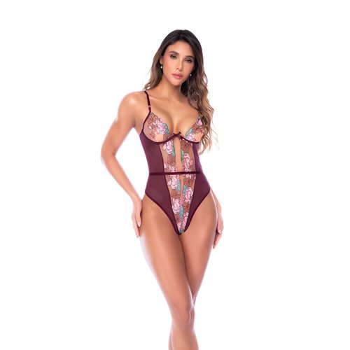 Sheer mesh bodysuit with embroidered panel and adjustable straps. Clean lines and a sleek