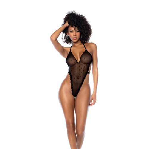 High-cut halter neck bodysuit in polka-dot mesh with lace trims. 8883