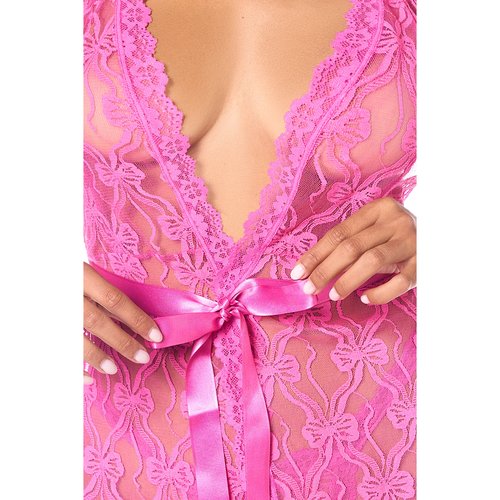 A sensual plunging babydoll featuring a flirty front tie and delicate bow accents. Include