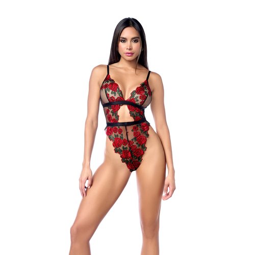 Elegance with a daring twist. This high-cut teddy stuns in black sheer mesh, adorned with
