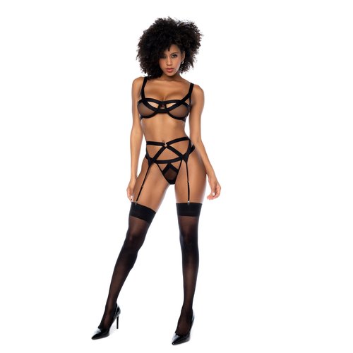 Three-piece set in transparent mesh with elastic band details. Includes top with