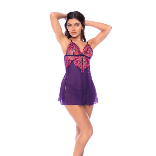 Sheer babydoll with embroidered cups and a flowy mesh skirt, paired with a matching thong