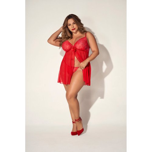 A romantic and classic lace and sheer mesh babydoll with front opening and bow detail, adj