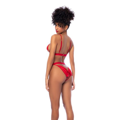 You will be the sexiest gift of the season in this two-piece set. Featuring top with open