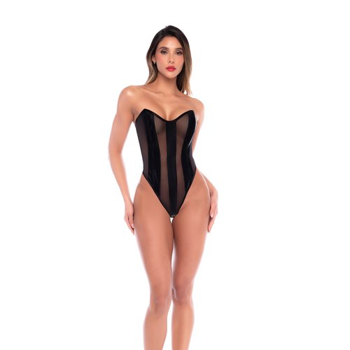 Strapless mesh teddy with structured paneling and lace-up back. Sleek and sculpt