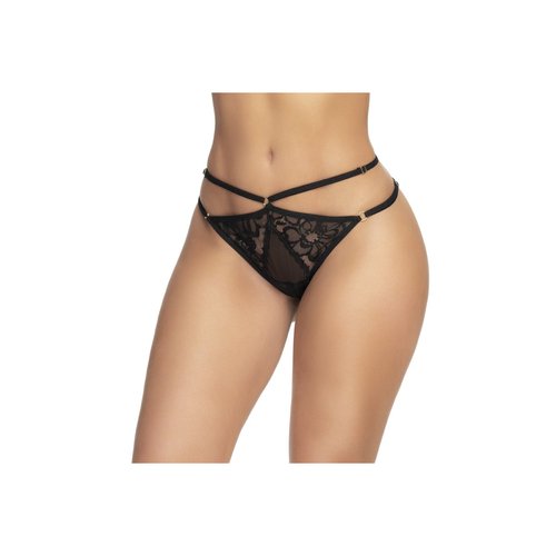 Lace and mesh panty with open back design and adjustable straps.