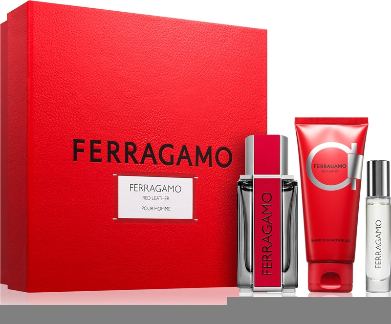 FERRAGAMO RED LEATHER 3PC SET, MEN'S GIFT SET, EDP