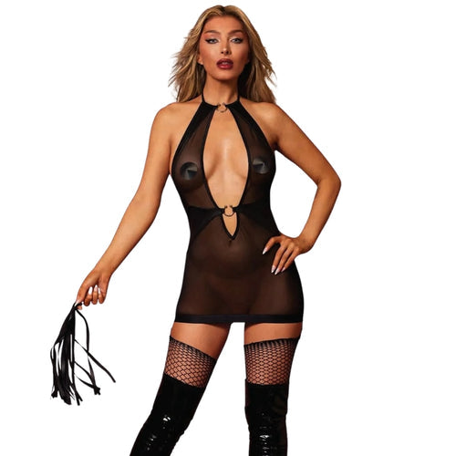 FETISH GARTER SLIP & FLOGGER BLACK O/S - DG13704BLK