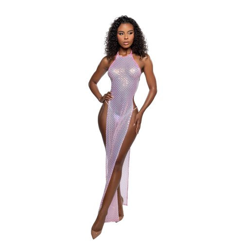 6802 - Long Diamond Sequin Mesh Gown with Slits