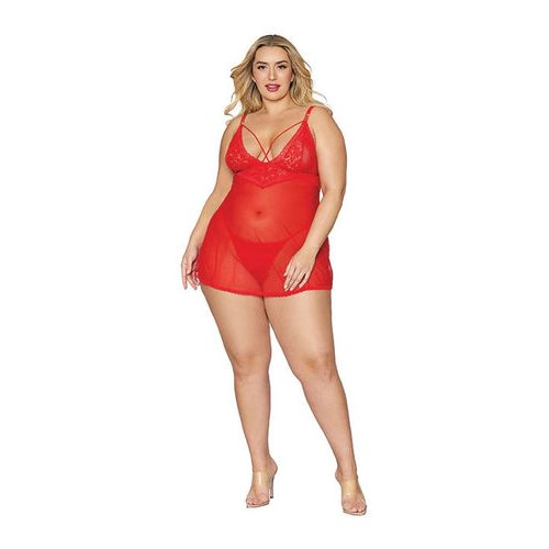 LACE & MESH BABYDOLL & G- STRING SET LIPSTICK RED Q/S - DG12701LRDX