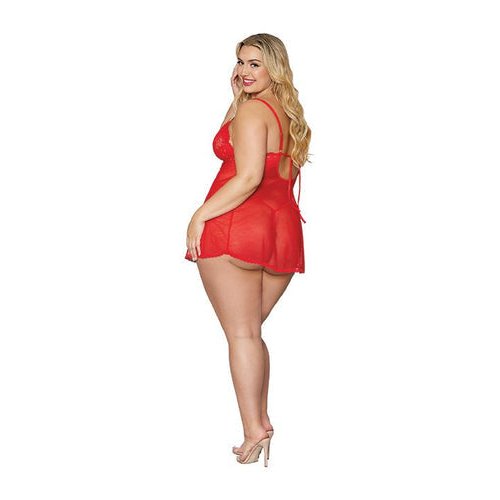 LACE & MESH BABYDOLL & G- STRING SET LIPSTICK RED Q/S - DG12701LRDX