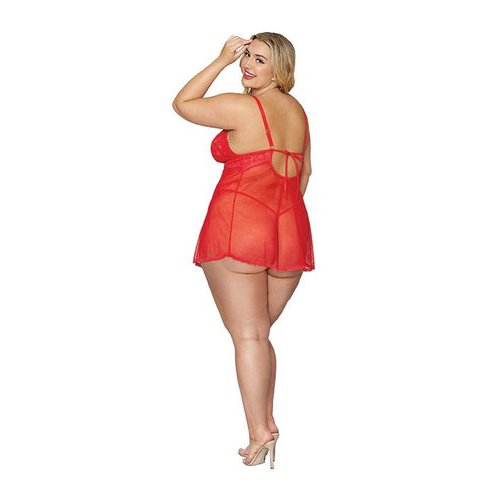 LACE & MESH BABYDOLL & G- STRING SET LIPSTICK RED Q/S - DG12701LRDX