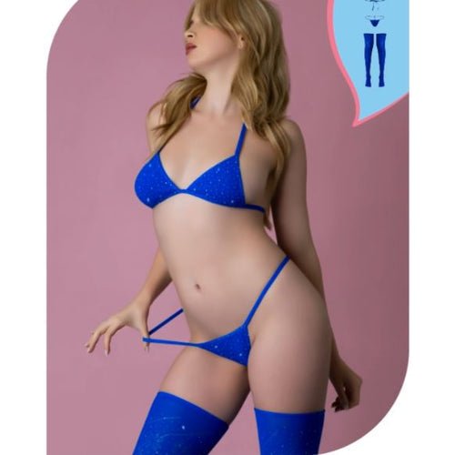 LOVE RHINESTONE CRYSTAL BRA PANTY & THIGH HIGHS BLUE