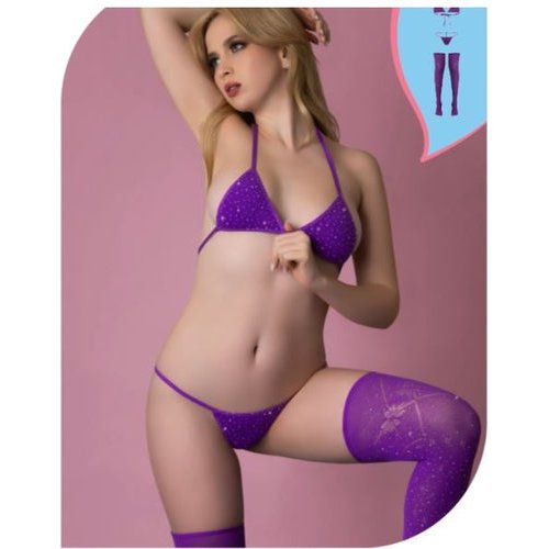 LOVE RHINESTONE CRYSTAL BRA PANTY & THIGH HIGHS VIOLET