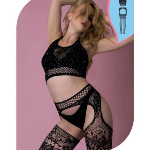 LOVE RHINESTONE CRYSTAL CAMI & GARTERED THIGH HIGH BLK